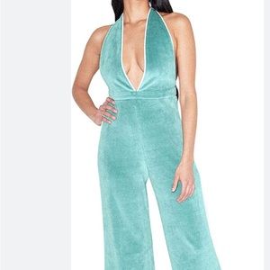American Apparel Womens Stretch Velour Sleeveless Deep V Jumpsuit/light blue